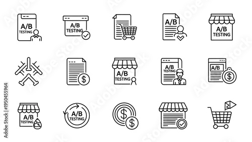 Comprehensive Set of A/B Testing, E-commerce, and Online Business Strategy Line Icons for Digital Marketing Optimization