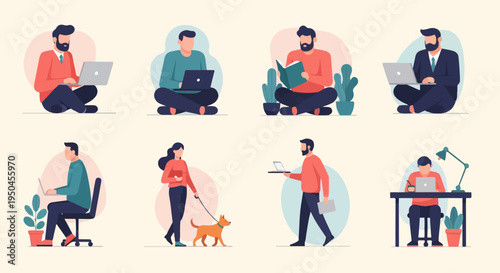 Diverse people engaged in work and leisure activities using technology