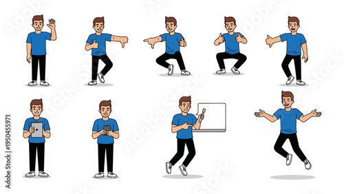 Diverse Gesture Set: Collection of illustrations of a single individual expressing various poses and actions