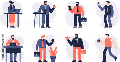 Diverse professionals working and taking breaks with coffee