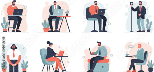 Diverse people working on laptops, one speaking into a microphone, and one serving drinks