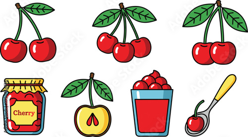 Cute Cherry Fruit Collection with Fresh Cherries, Cherry Jam Jar, Cherry Juice Glass, Spoon with Cherry and Cut Cherry Vector Illustration Set