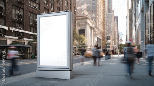 Blank billboard stands on busy city street, surrounded by blurred motion of pedestrians and urban skyscrapers. Concept of outdoor advertising and marketing.