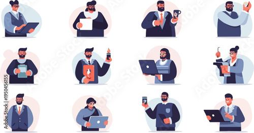 Diverse professionals engage in various tasks and hold items