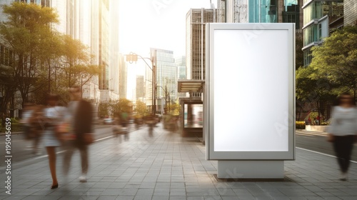 Blank billboard stands on busy city street, surrounded by blurred motion of pedestrians and urban skyscrapers. Concept of outdoor advertising and marketing.
