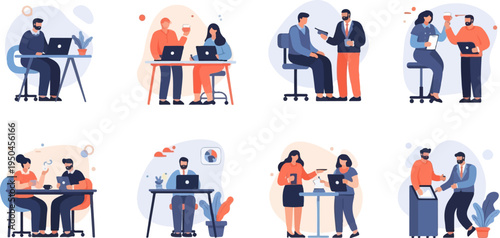 Diverse professionals collaborate in modern office scenes, working on laptops and interacting