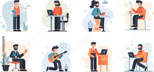 Eight diverse flat illustrations of people in various casual and work activities
