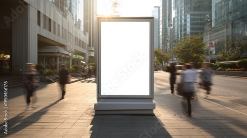 Blank billboard stands on busy city street, surrounded by blurred motion of pedestrians and urban skyscrapers. Concept of outdoor advertising and marketing.