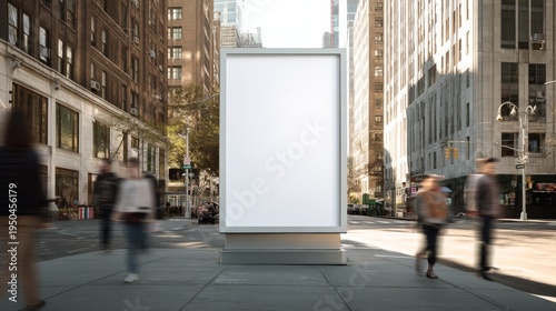 Blank billboard stands on busy city street, surrounded by blurred motion of pedestrians and urban skyscrapers. Concept of outdoor advertising and marketing.