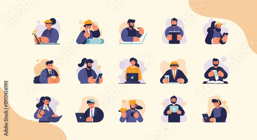 Diverse professionals engaged in various tasks with digital devices