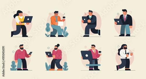 Eight cartoon figures working on laptops and phones, some with drinks