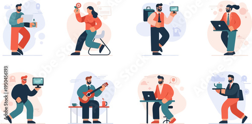 Eight diverse individuals engaged in various activities, including work and leisure