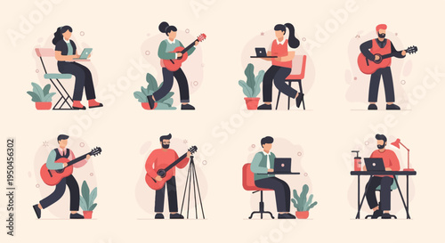 Flat illustrations of people playing guitars and working on laptops