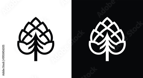 Minimalist hop plant logo design in black and white perfect for breweries and beer brands.