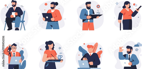 Diverse professionals working and interacting with technology and office supplies