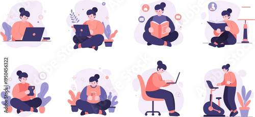 Flat style illustrations of individuals engaged in various activities