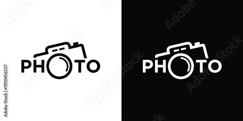 Minimalist photography logo design with camera and photo text.