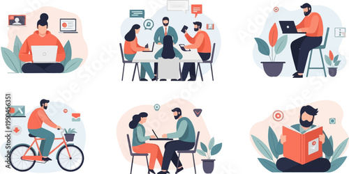 Diverse scenes of people engaging in work, collaboration, and leisure activities