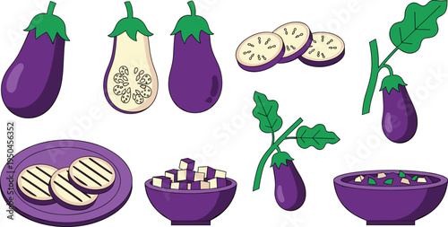 Eggplant Vegetable Vector Collection Featuring Whole Eggplant, Eggplant Slices, Eggplant Cross Section, Eggplant Plant Branch, Grilled Eggplant Plate and Eggplant Bowl Illustration