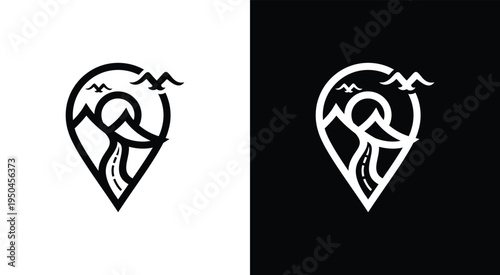 Minimalist travel logo featuring mountains sun and road within a location pin.