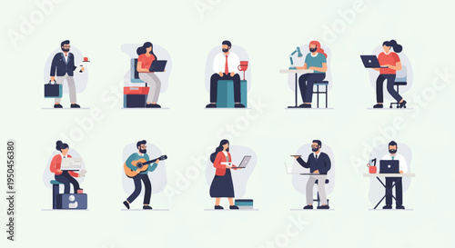 Diverse professionals engaged in various work and leisure activities