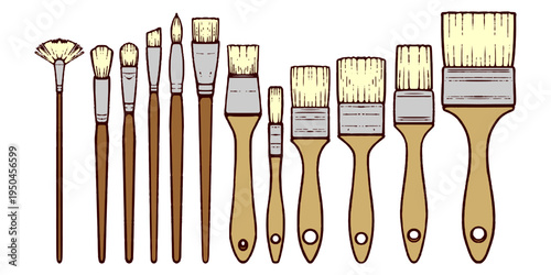 Professional Set of 12 Art and House Paint Brushes Including Fan Round Angle Flat and Large Block Brush.