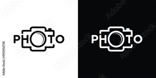 Photo logo design with camera icon in black and white.