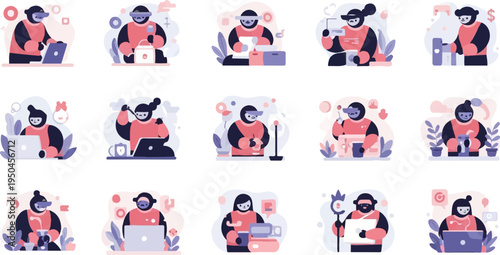 Flat illustrations of people working, studying, or engaging in virtual reality