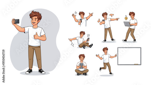 Young Man in Various Poses: A dynamic collection of illustrations showcases a youthful man engaging in various activities, each pose conveying a different action and emotion, capturing versatility.