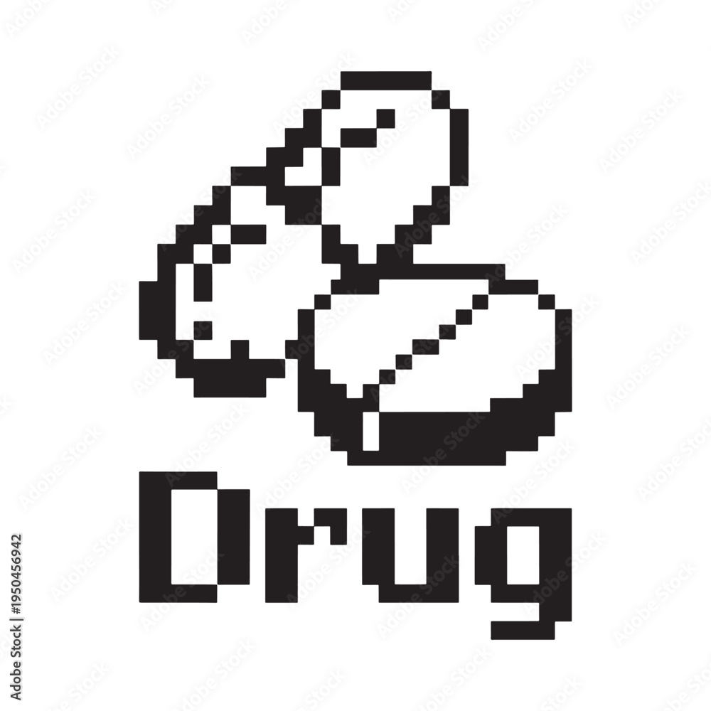 Fototapeta premium Pixelated illustration depicting two pills and the word drug below