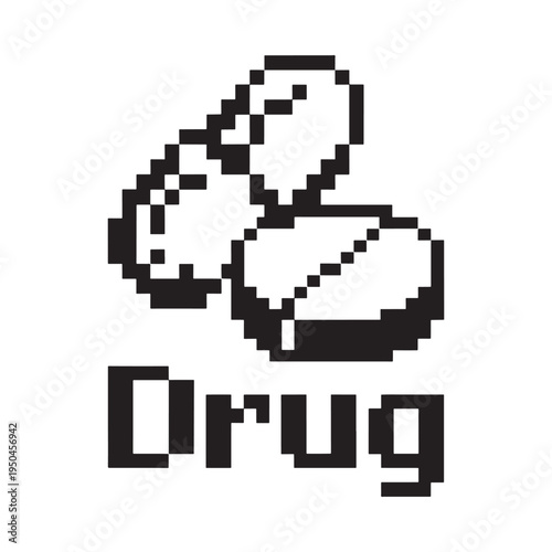 Pixelated illustration depicting two pills and the word drug below