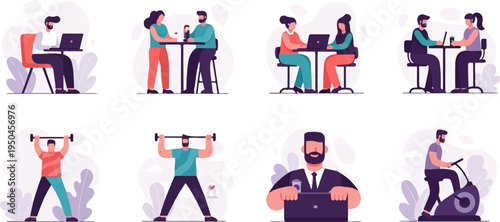 Stylized people working, dining, and exercising in modern settings