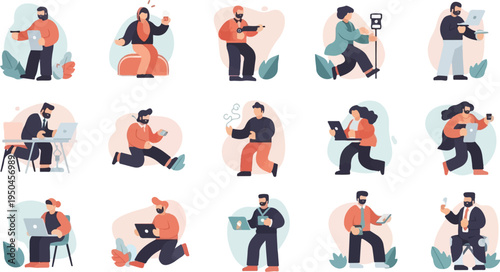 Various people engaged in diverse activities using digital devices and everyday objects