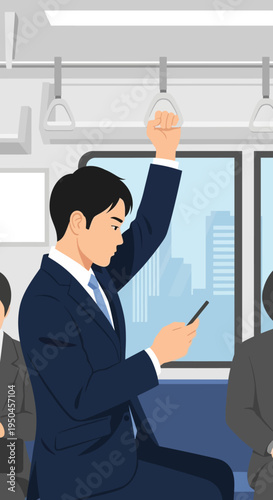 Businessman using smartphone on commuter train, city skyline visible through window