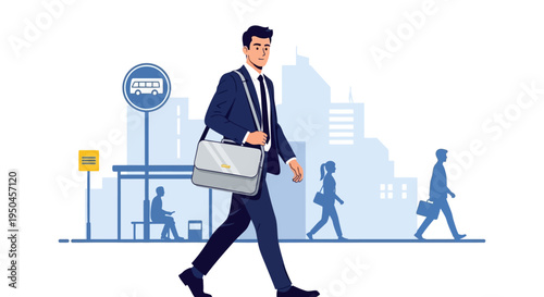 Businessman walking to bus stop in city, commuting to work, urban lifestyle