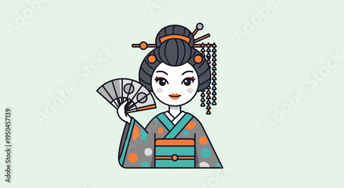 Cute Geisha Illustration with Fan, Traditional Japanese Kimono, Vector Art