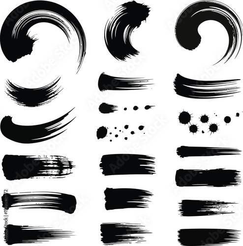 A collection of black brush strokes and swirls on a white background for artistic design and creative expression purposes