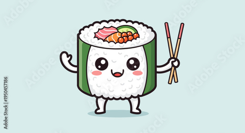 Cute Sushi Roll Character Holding Chopsticks, Kawaii Food Illustration