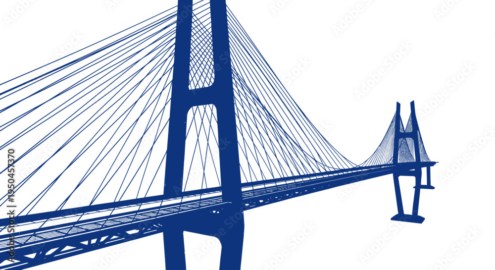 Fototapeta premium Modern Cable-Stayed Bridge Silhouette, Blue Line Art on White Background