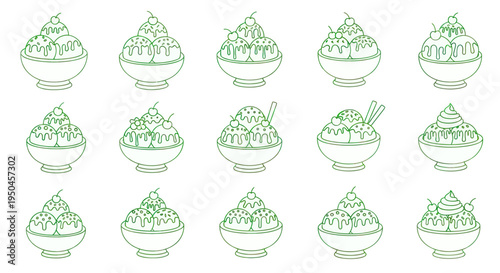 Green Ice Cream Sundae Collection - Hand Drawn Style Illustrations