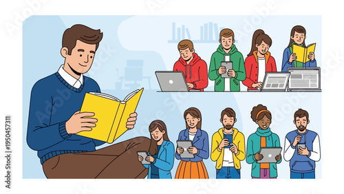 Reading and Technology Integration: A scene of individuals absorbed in reading, complemented by a diverse array of modern technology, depicting the harmonious blend of knowledge and innovation.