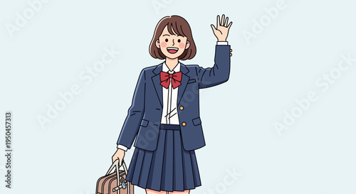 Japanese School Girl Waving Hello, Carrying Bag, School Uniform, Back to School Concept