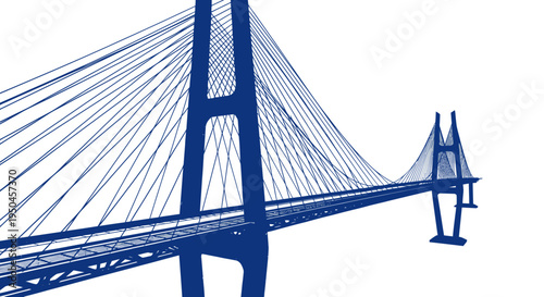 Modern Cable-Stayed Bridge Silhouette, Blue Line Art on White Background