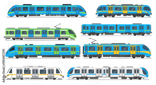 Modern Electric Trains Collection: Blue, Green, and White Passenger Locomotives