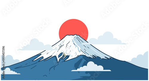 Majestic Mount Fuji Sunrise with Clouds and Red Sun