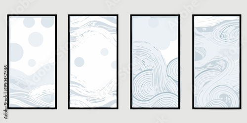 Four abstract panels displaying soft swirling blue and white patterns