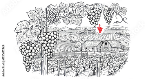 Vineyard landscape with ripe grapes and farm buildings, hand-drawn illustration