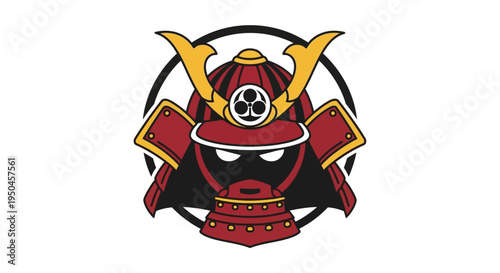 Samurai Helmet Icon with Japanese Mon Emblem and Circle