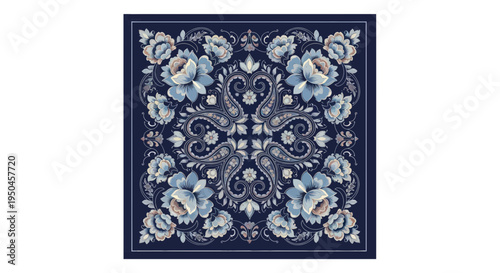 Elegant Floral Bandana Pattern with Paisley and Rose Motifs on Navy Blue Background