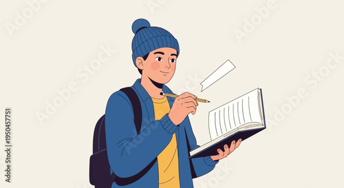 Young student writing in notebook, wearing beanie and backpack, creative inspiration